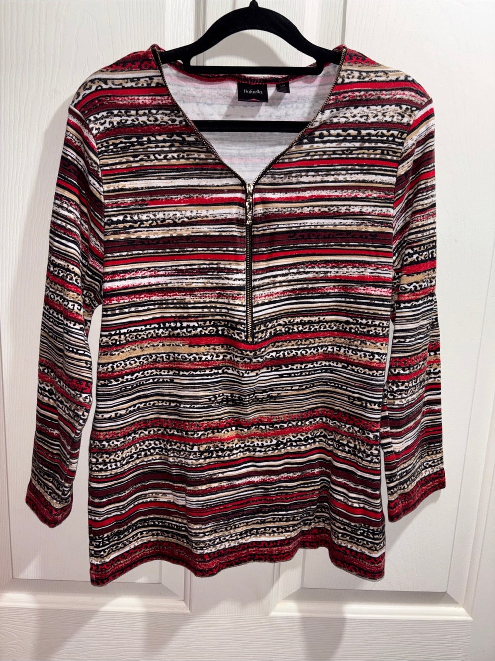 Rafaella Red, Black & White Striped Half-Zip Tunic